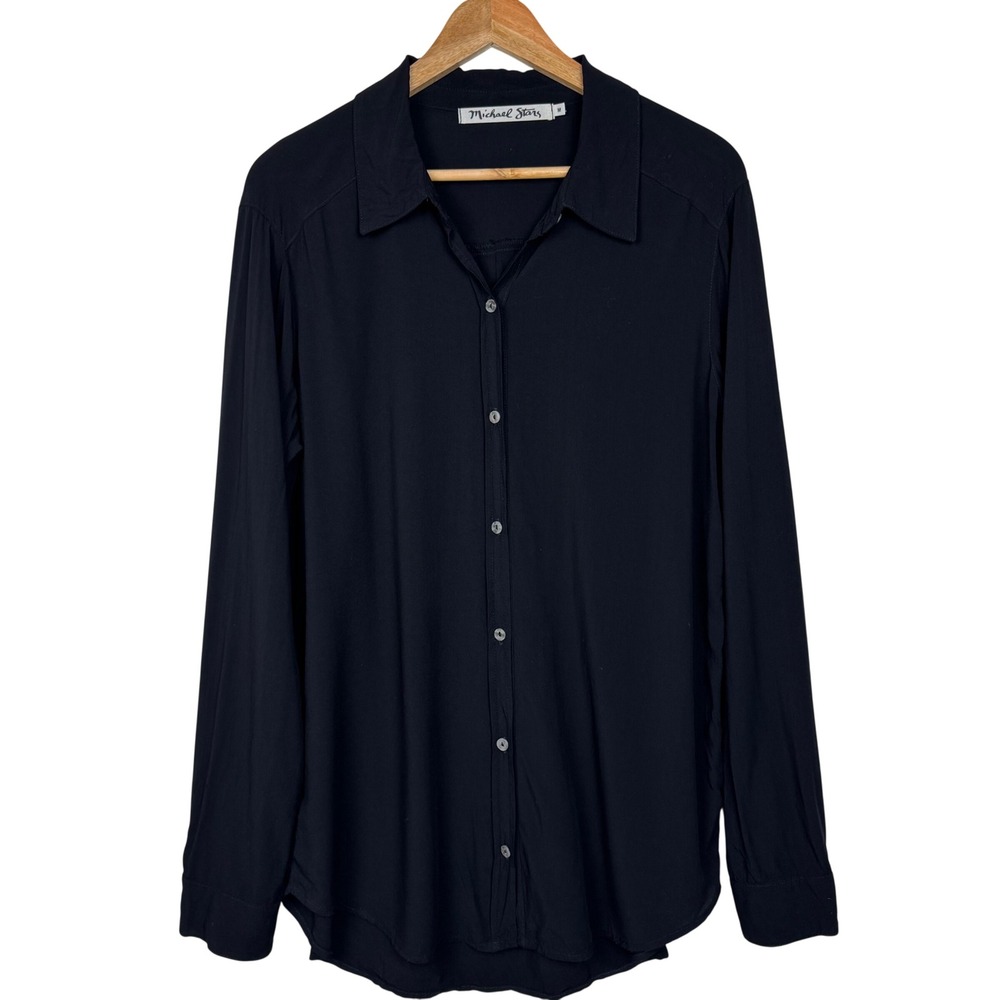 Michael Stars Button Up Shirt Womens Medium Black Rayon Minimalist  USA Made